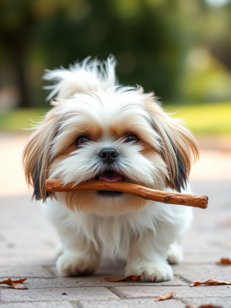Create a high-resolution image of a fluffy Shih Tzu dog playing outdoors with a stick in its mouth, shot in natural light with a shallow depth of field, using a 50mm lens at f/2.8, ISO 200, and a shutter speed of 1/400 sec, maintaining a slightly low angle view for depth and focus on the dog's expression.