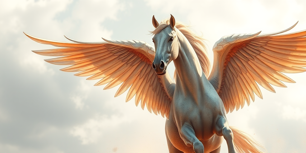 Create a high-resolution illustration of a winged horse with intricate details in the wings and body, captured from a dynamic angle using a DSLR camera with a 50mm lens, aperture set to f/1.8, ISO 200, and natural lighting to enhance texture and contrast.