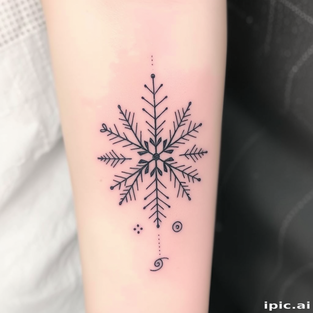 Delicate white ink tattoo named "Whispers of Frost" featuring intricate snowflake patterns and swirling winter motifs, creating a subtle and elegant design that appears to shimmer on the skin