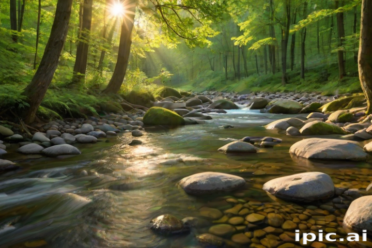 Create an image of a serene, sunlit forest scene with a clear, gently flowing river. Tall trees with lush green foliage line both sides of the river, their leaves bathed in the warm golden light of the setting or rising sun. The sunlight filters through the trees, casting soft, dappled light on the river, which flows over smooth rocks and pebbles, creating a peaceful, natural atmosphere. The sky is bright with a few scattered clouds, and the overall mood is tranquil, evoking a deep sense of connection with nature. The image captures the beauty of a calm, pristine forest landscape at either dawn or dusk.