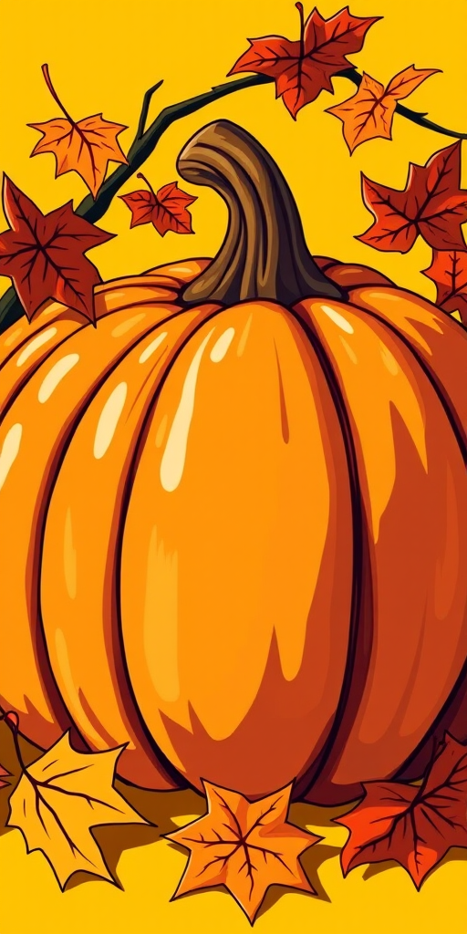 Create a vibrant illustration of a carved pumpkin with detailed shading, surrounded by autumn leaves, with a yellow background, using a DSLR camera, f/5.6 aperture, 1/125 sec shutter speed, ISO 200, 50mm lens, natural lighting.