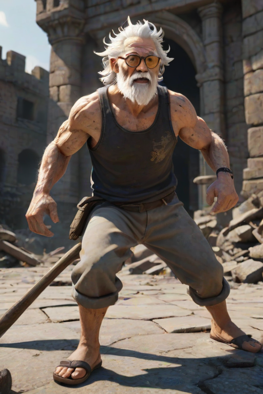 Cartoon 3D High-Resolution,dynamic battle scene using Unreal Engine 5 and Octane Render. The scene features back of an elderly, thai man with a beard,messy hair and round golden-rimmed glasses. He is wearing a tattered tank top with soot marks, shorts, and sandals. sweating. he wields a baseball bat. He jump to fight with a white fire-breathing Europe dragon amidst a partially destroyed stone castle. Include intense flames, smoke, and debris to enhance the dramatic effect.