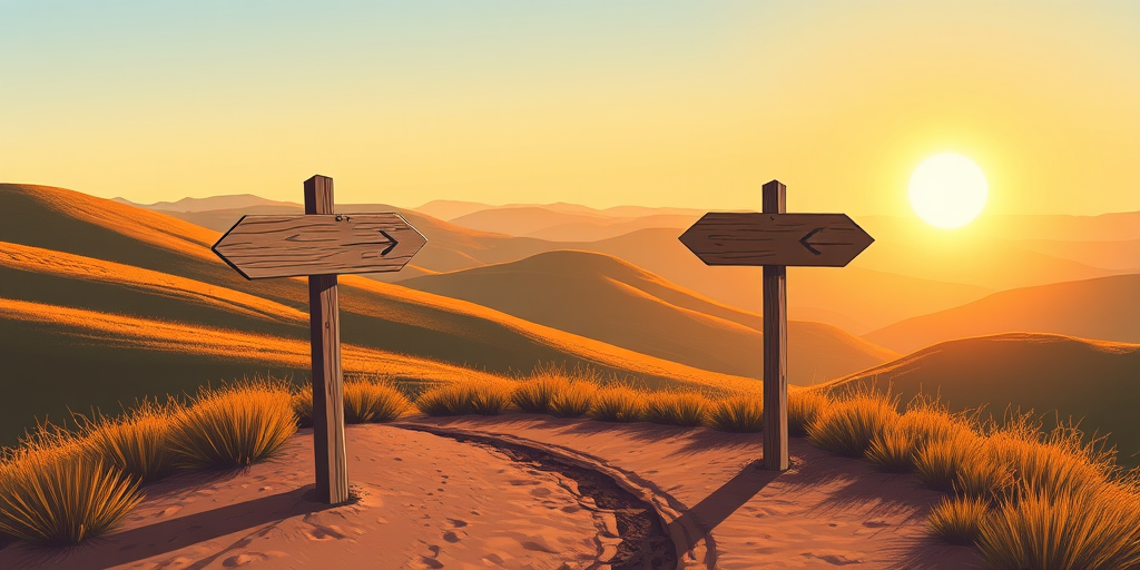 Create an illustration of two directional signs on a dirt path with rolling hills in the background, a bright sun rising above the hills, using a DSLR camera at f/8, ISO 200, 50mm lens, landscape view, sharp focus, and vibrant colors.