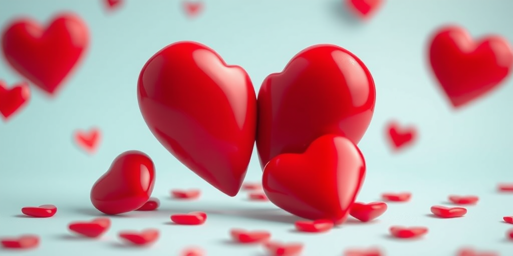 Create an image of two large, glossy red hearts centered with smaller red hearts scattered around, using a Canon EOS R5 camera, 50mm lens, f/2.8 aperture, ISO 100, in a soft focus style, with a bright and vivid color palette.
