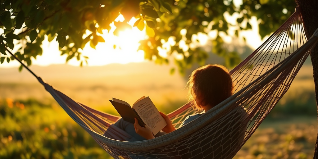 Softly focused image of a person reading a book in a hammock under a tree, soft golden light filtering through the leaves, with distant wildflowers gently swaying in the breeze and a peaceful atmosphere.