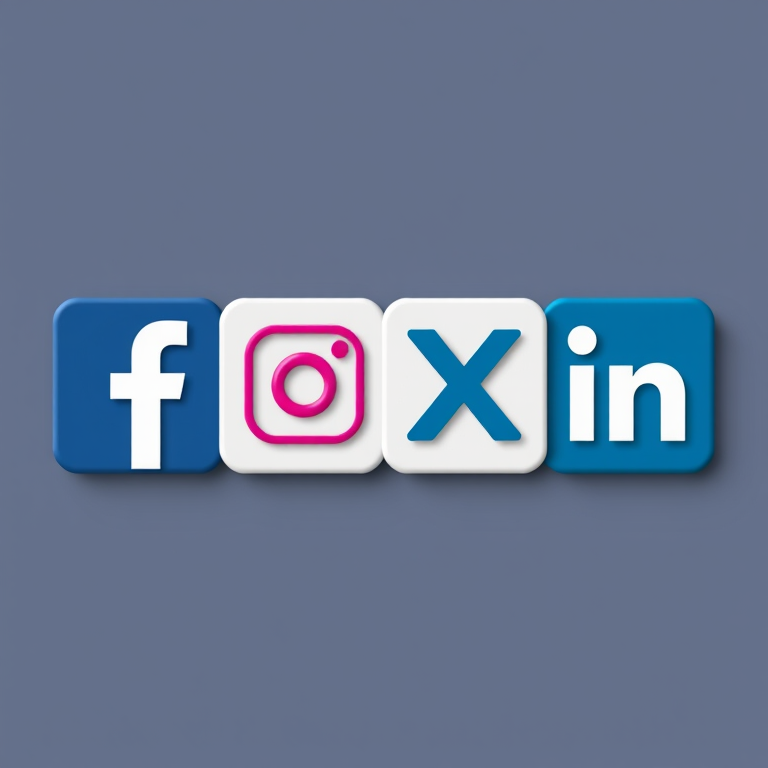 Create a high-resolution vector image of four social media logos (Facebook, Instagram, X, LinkedIn) arranged in a straight line with a minimalist design, front view, 50mm lens, f/2.8 aperture, ISO 100, bright lighting for clarity and sharpness.