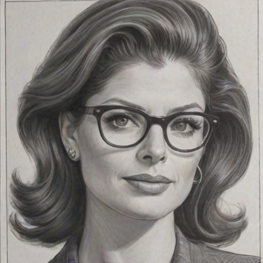 Magnificent Debra Messing, pencil sketch, portrait of Appealing woman 1956s in glasses, hair style beatnik, outline, clear lines, fine lines, 8k