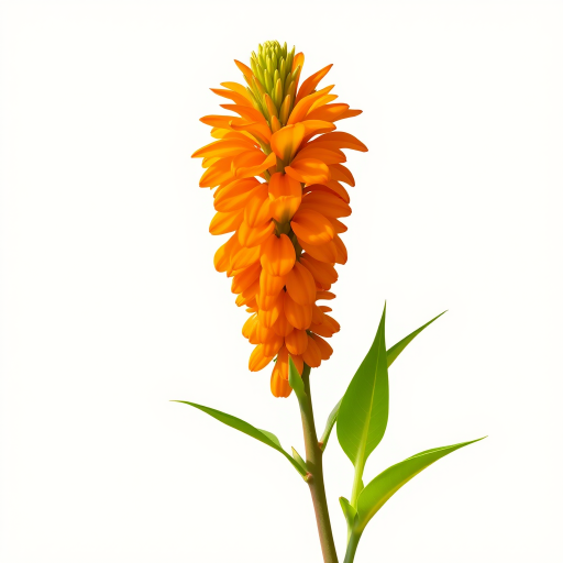 create a vibrant illustration of a tall orange flower with green leaves and a simple background, use a Canon EOS 5D Mark IV, aperture f/4, focal length 50mm, ISO 100, natural soft lighting, centered composition