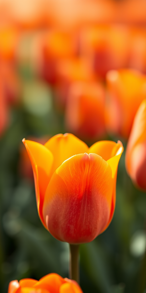 Close-up of a single orange tulip surrounded by blurred orange tulips in a soft focus background, f/2.8 aperture, 50mm lens, ISO 200, shot in natural light, DSLR camera, macro photography style.