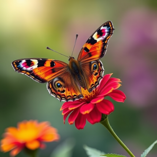 Generate an image of a butterfly perched on a vibrant flower. The butterfly should have striking orange and black wings with eye-like patterns. The background should be softly blurred with hints of green and purple, creating a serene outdoor atmosphere.