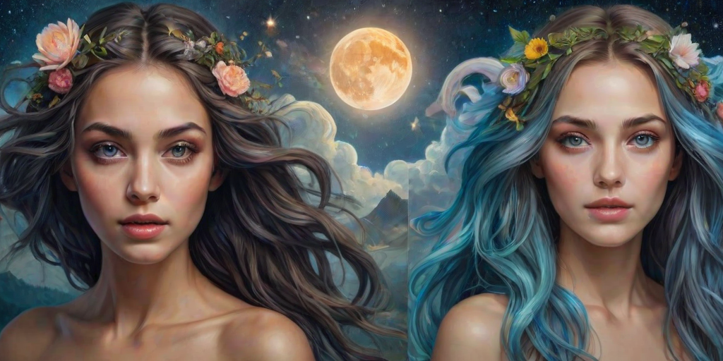 Create a series of imaginative portraits where each subject is infused with elements of fantasy and nature. The hair of the individuals should flow like clouds, varying from soft, fluffy cumulus to wispy cirrus strands, with hints of color reflecting a sunset or a clear blue sky. The eyes should be windows to entire galaxies, with stars, nebulae, and distant planets visible within them. Clothing should be adorned with nature motifs, such as floral patterns that bloom and change, vines that seem to grow and wrap around, or feathers that shimmer with iridescence. Each portrait should capture a unique personality, blending human features with the ethereal beauty of the natural and cosmic world. The backgrounds can vary, from starry night skies to enchanted forests, adding depth and context to the magical realism of the portraits