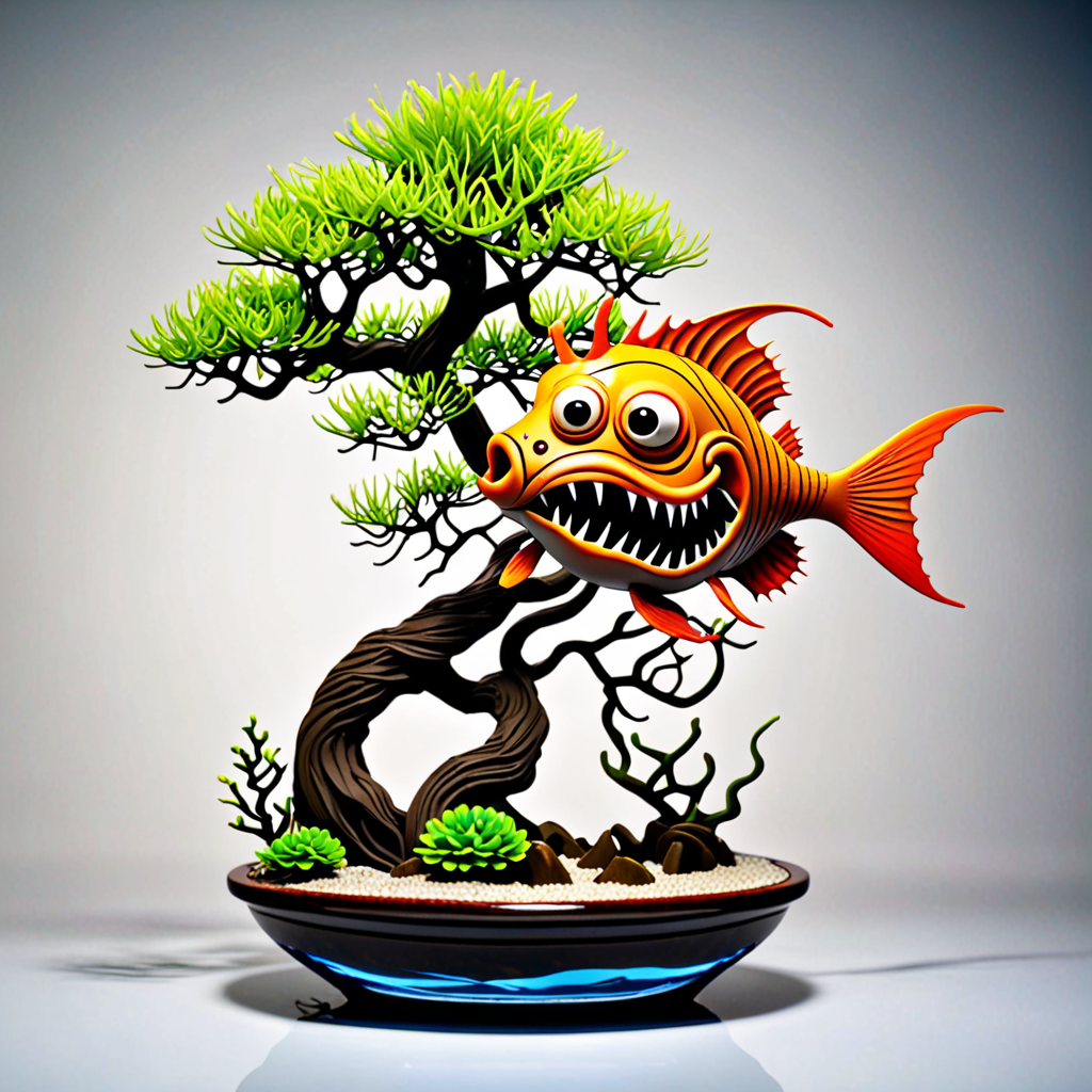 Cartoon angler fish eating a bonsai tree in the depths of the sea