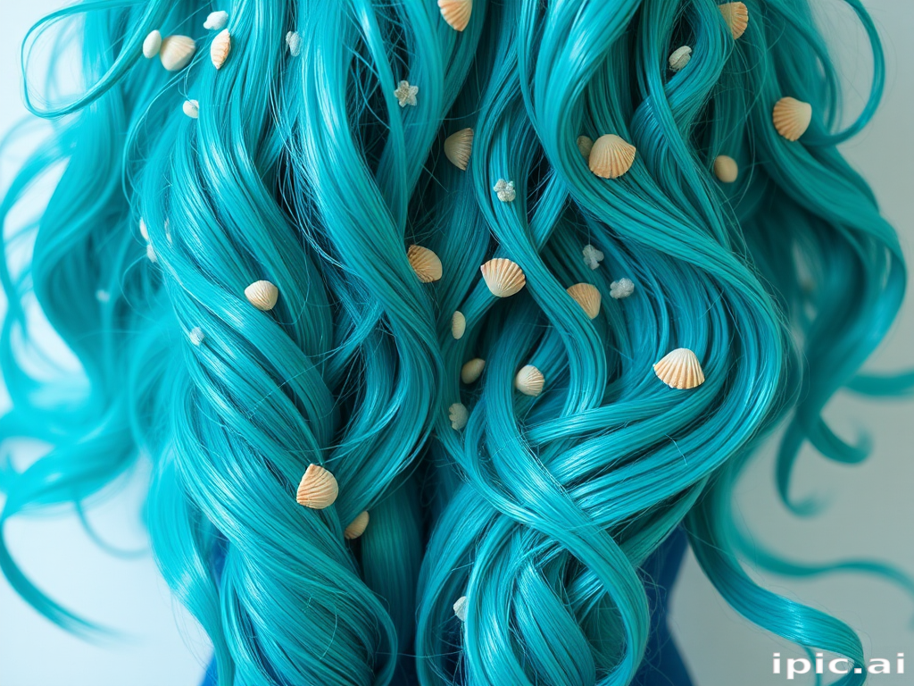 Vibrant teal mermaid waves cascade down to the waist, shimmering with iridescent highlights and adorned with tiny seashells, capturing the essence of the ocean's depths