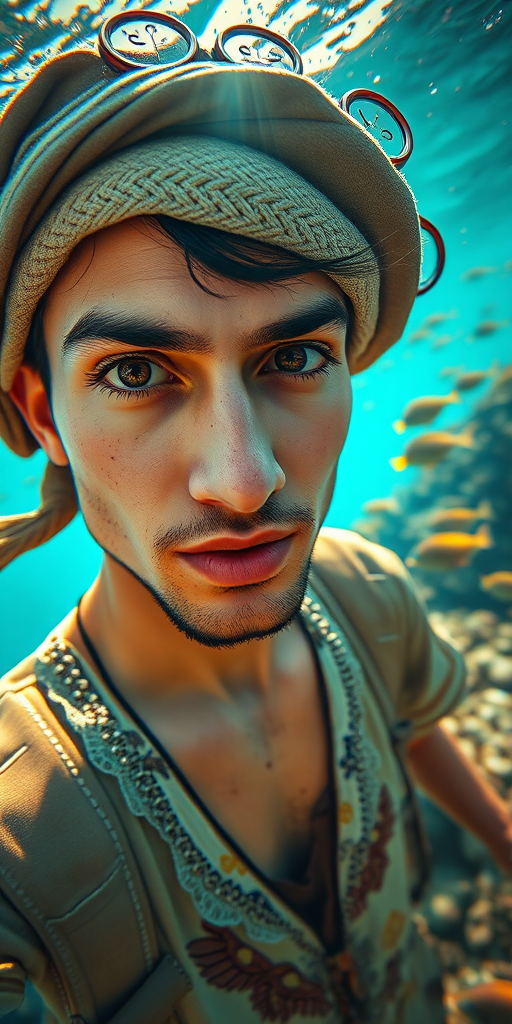 Realistic selfie image of a Middle Eastern, wearing a vintage outfit, detailed dreamy eyes, droopy hooded eyes, staring at the camera, taken underwater at coral reef with a sunbeam filtering through the water, vibrant, summer vacation, natural lighting, turtle and school of tropical fish with vibrant colors, rendered in the style of CryEngine, Pegi Nicol MacLeod, with realistic genre scenes, hauntingly beautiful narratives, ultra-realism, and Thomas Saliot's close-up technique, 8K resolution, crystal clear and sparkling water.