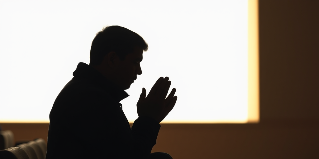 Create a high-contrast silhouette image of a person praying with soft natural lighting, using a DSLR camera with a 50mm lens at f/2.8, ISO 100, shutter speed 1/200s, taken from a low angle to emphasize the subject against a bright, minimalist background.