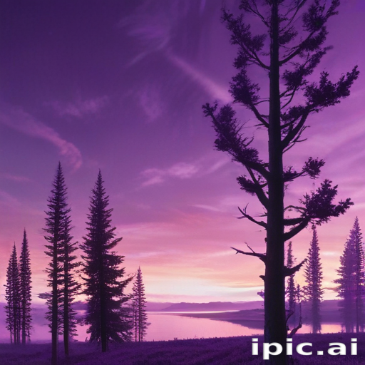 Majestic Sunset Over Tranquil Lake Surrounded by Tall Evergreen Trees