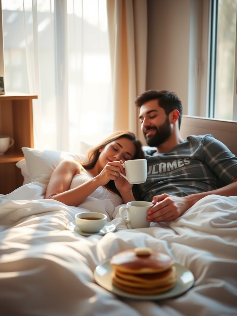 Warm, intimate image of a couple sharing breakfast in bed, soft sunlight streaming through the window, the smell of fresh coffee and pancakes filling the room, and a sense of coziness and contentment captured.