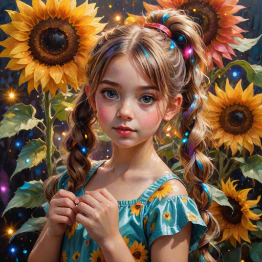 Superfine painterly A pretty girl with pigtails with a giant LED sunflower with multicolored petals that shimmer and shine