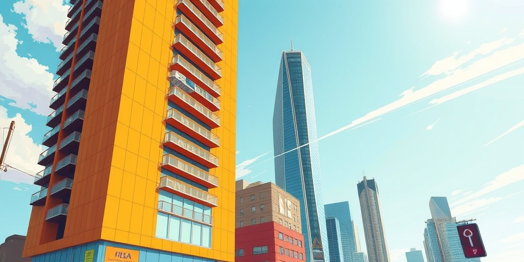 Create a high-resolution digital illustration of a modern cityscape featuring a tall building with orange and yellow tones, shot from a low angle using a DSLR camera at f/8 aperture, ISO 100, and a focal length of 24mm for a vibrant and detailed view.