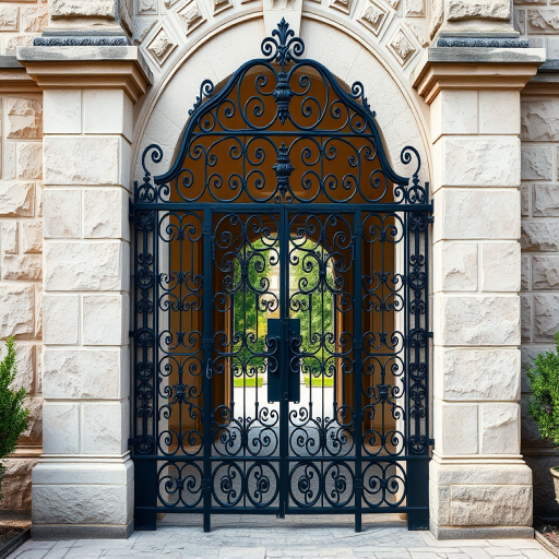 Regenerate an ornate black wrought iron gate with intricate designs set against a stone archway, captured with a DSLR camera at f/4, ISO 100, 1/200s, 35mm focal length, from a frontal view in natural lighting for enhanced depth and detail.