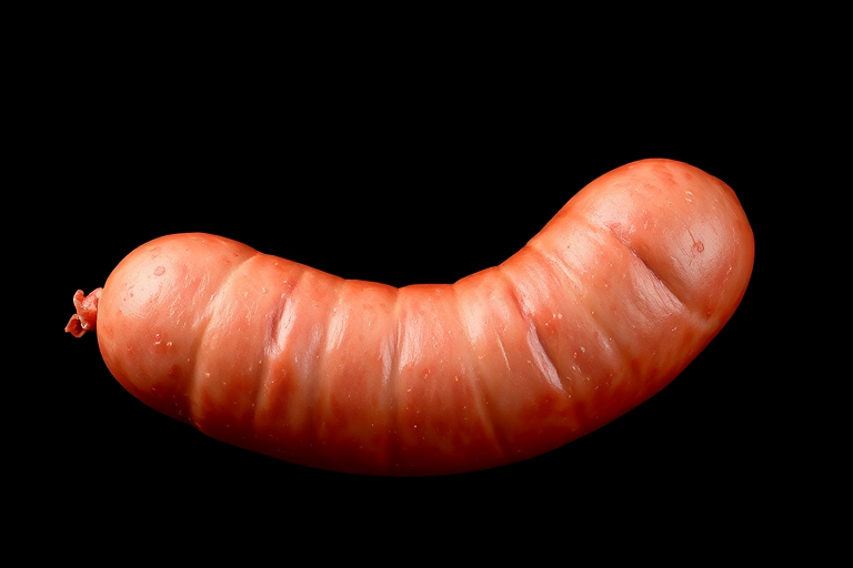 Create a high-resolution image of a stylized sausage against a plain black background, using a DSLR camera with a 50mm lens at f/2.8, ISO 100, and a soft focus filter to enhance the details and textures.