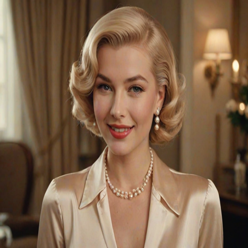A beautiful woman reminiscent of 1950s Hollywood glamour, with perfectly styled blonde hair and a seductive smile, dressed in a satin blouse and adorned with pearls, soft and warm tones, photorealistic, 8K