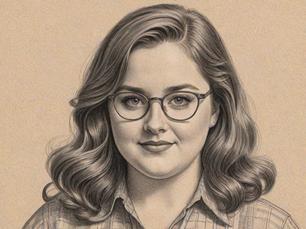 Charming Aidy Bryant, pencil sketch, portrait of Wonderful woman 1946s in glasses, hair style beatnik, outline, clear lines, fine lines, 8k