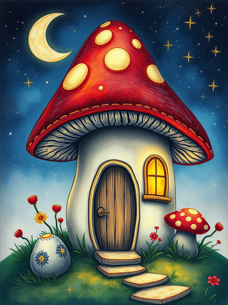 this photo is illustration of a mushroom house with a door and a window, a storybook , fantasy art, mushroom house, bg starry sky, sparkles