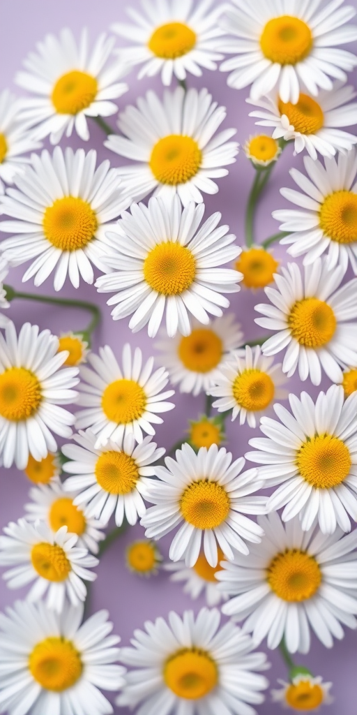 vibrant pattern of white daisies with yellow centers on a light purple background, shallow depth of field, ISO 200, f/4.0, 50mm lens, natural light, soft focus effect