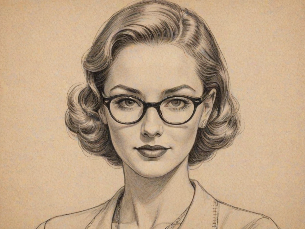Comely Jewel, pencil sketch, portrait of Attractive woman 1938s in glasses, hair style beatnik, outline, clear lines, fine lines, 8k