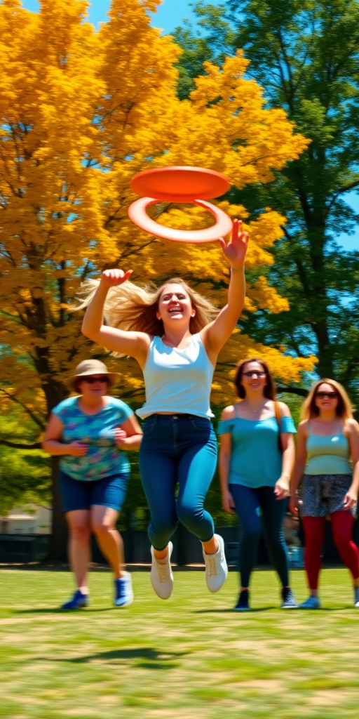 Blurry action shot of a woman playing frisbee with friends at a sunny park, laughter in the air as she leaps to catch the disc, with vibrant trees and a clear blue sky around.