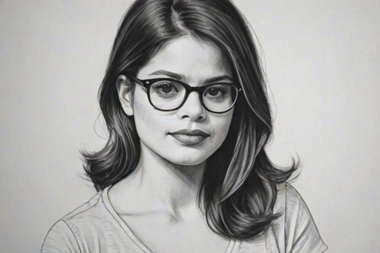 Enticing Melonie Diaz, pencil sketch, portrait of Pleasing woman 1958s in glasses, hair style beatnik, outline, clear lines, fine lines, 8k