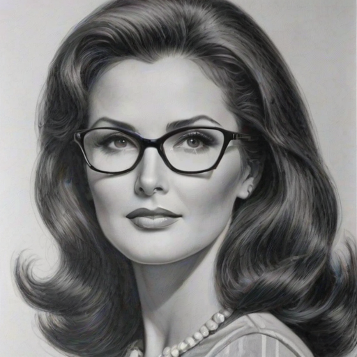 Fascinating Lynda Carter, pencil sketch, portrait of Superb woman 1962s in glasses, hair style beatnik, outline, clear lines, fine lines, 8k