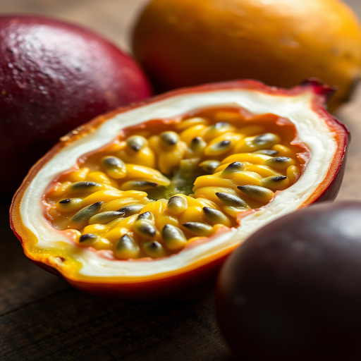 realistic depiction of a passion fruit sliced in half with detailed seeds and a whole passion fruit beside it, macro lens, f/2.8 aperture, 50mm lens, soft natural lighting