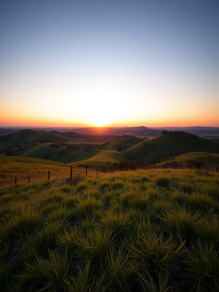 Generate a high-quality image of a serene landscape featuring rolling hills and a sunset with warm hues, using a Canon EOS R5, 24mm lens, f/8 aperture, ISO 200, and a wide-angle view to enhance depth and clarity.