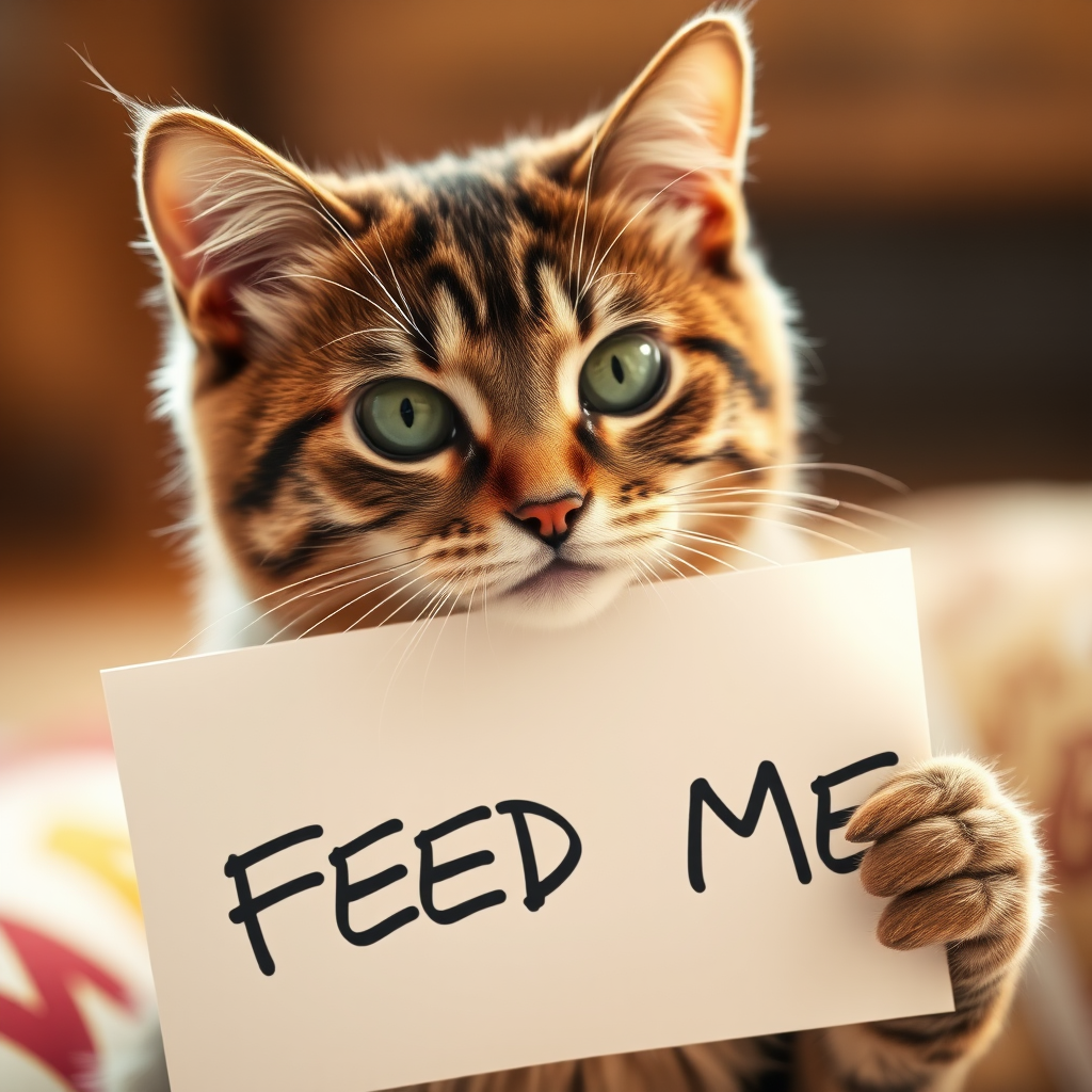 cat holding a note which says "FEED ME"