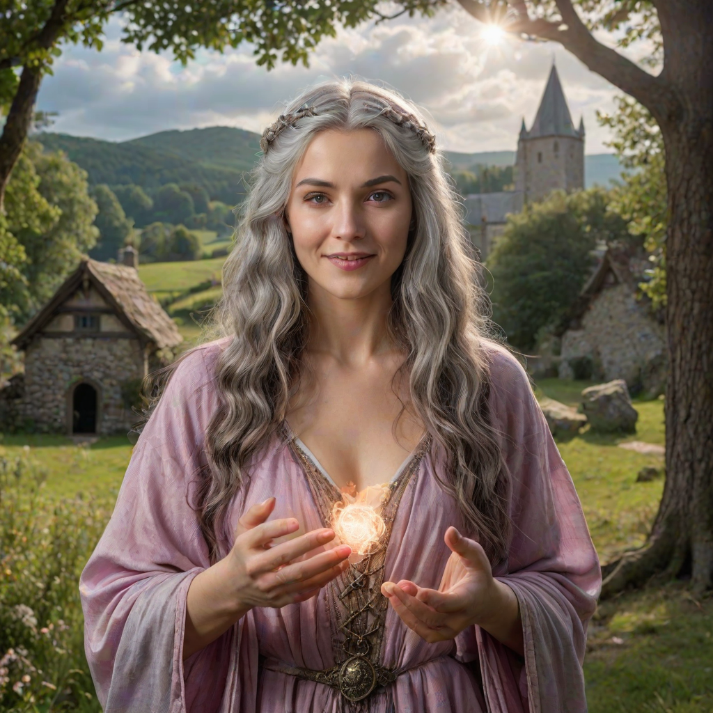 Create a super realistic photo portrait of the sorceress Nimue enthralling the old long haired and bearded magician Merlin with the scent of a magic perfume-potion. Merlin's senses are blurred and he has a happy smile on his face like that of a slightly drunken man. Nimue is standing opposite of Merlin facing him. She is holding out the potion with both hands towards Merlin's nose. A visual depiction of the pink scent soflty creeps into Merlin's nostrils. The picture is set in front of a typical British landscape with grass, a dry stone wall and old and big trees. Cloudy skies with sun-rays braking through giving the picture a soft and romantic tone. HDRI, 8k,V-Ray render