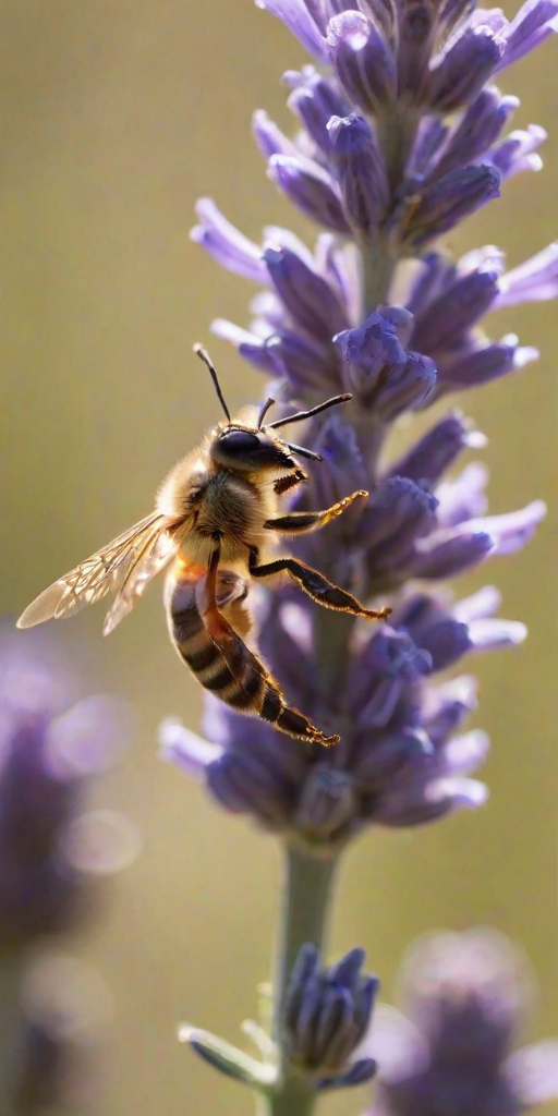 Sharp, detailed close-up of a honeybee collecting nectar from a lavender flower, soft sunlight reflecting off its wings, with tiny details of pollen clinging to the bee's legs.