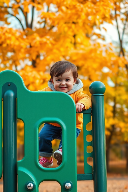Capture a young child climbing a green playground structure, surrounded by autumn foliage, using a 50mm f/1.8 lens, aperture set to f/2.8, ISO 200, shutter speed 1/500s, in natural lighting for a vibrant and sharp image.
