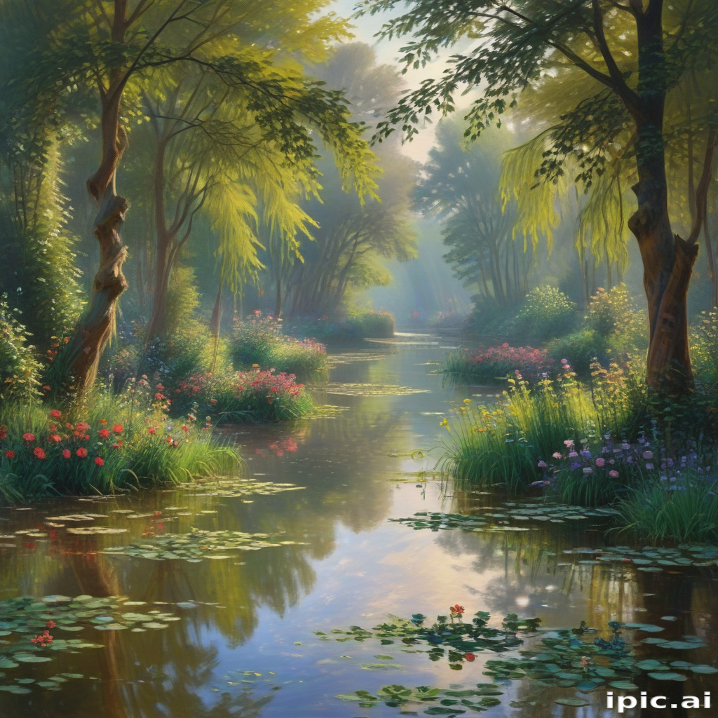 Tranquil Morning Light Reflecting on a Serene Forest Stream Landscape