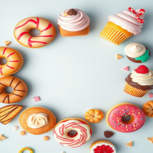 Create a vibrant and colorful illustration of various desserts such as a gingerbread man, donuts, cupcakes, and ice cream, arranged artistically around a blank center, using a DSLR camera with a 50mm lens at f/2.8, shallow depth of field, natural light, and a flat lay perspective to enhance image clarity and color richness.