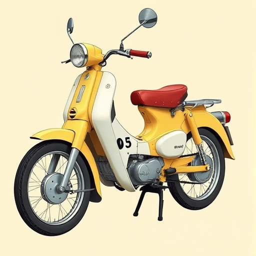 Create a detailed illustration of a vintage moped in a side view with a pastel yellow color scheme, focus on intricate details of the engine and wheels, use a Canon EOS R5 camera with a 50mm f/1.8 lens, aperture set to f/4, ISO 100, and a natural light environment to enhance clarity and depth.