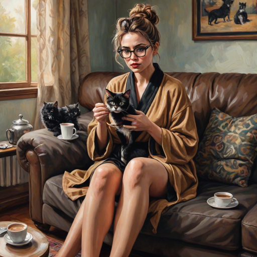 An exaggerated whimsical illustration of a cute silly lady with unruly messy brown bun and black glasses pouty lips and a thinking expression. Shes sitting on the couch, legs folded wearing a black silk robe, black fuzzy slippers. She’s holding her coffee cup and making a deep-in-thought face.  A quirky scruffy cat (dog) looking at her against a mottled, oil painting style soft background living room setting.
