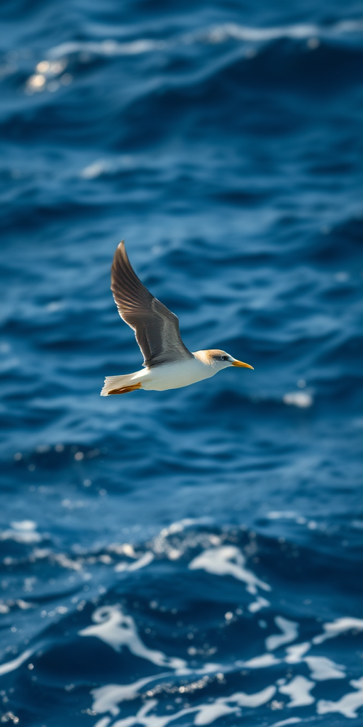 A seabird flying over the ocean captured in sharp focus with a Canon EOS R5, 85mm lens, f/8 aperture, 1/2000s shutter speed, natural light, and a wide-angle view to enhance details and colors.