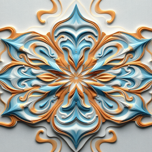 Create a high-resolution digital art piece featuring a symmetrical design with swirling patterns in soft blue, tan, and white, utilizing a Canon EOS R5 with a 50mm f/1.8 lens at f/2.8, ISO 100, capturing a flat lay view, ensuring vibrant colors and crisp details.