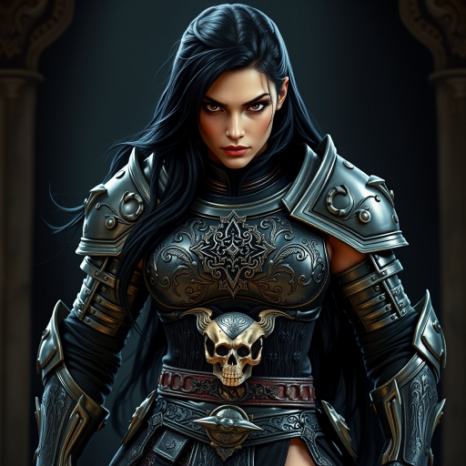 Create a photo of a fierce female warrior with long black hair, wearing an ornate, metallic armor. The armor includes a breastplate with intricate designs, shoulder guards, and gauntlets. The breastplate is decorated with a central emblem, possibly representing a mythical symbol, and has a sculpted, form-fitting design. She wears a belt with a large skull ornament at the center, and her armor extends into a partial skirt, revealing one leg. The overall look is both protective and stylish, with a dark, gothic aesthetic. The background is dimly lit, suggesting a medieval or fantasy setting, enhancing the warrior's imposing presence and intense expression.