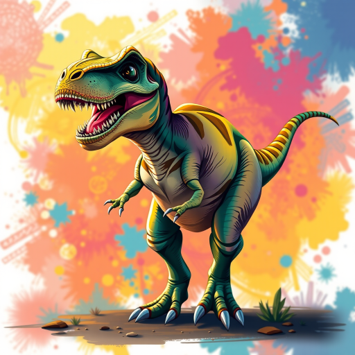 Create a vibrant, high-resolution illustration of a T-Rex dinosaur in a dynamic pose against a colorful abstract background, using a DSLR camera with a 50mm lens, aperture f/2.8, ISO 100, and a shallow depth of field for enhanced clarity and contrast.