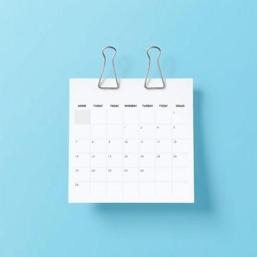 Create a high-resolution digital illustration of a minimalist calendar with a gradient blue background, featuring two silver binder clips at the top, captured with a Canon EOS R5 using a 50mm f/1.2 lens, in daylight with a soft focus to enhance details and provide depth.