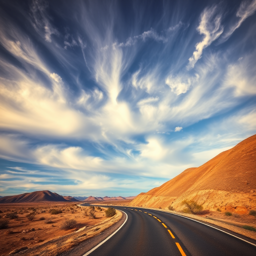 A winding road through a dry landscape under a dramatic sky with swirling clouds, captured with a DSLR camera at f/8 aperture, 1/200s shutter speed, ISO 100, wide-angle view, enhanced color saturation, and high dynamic range.