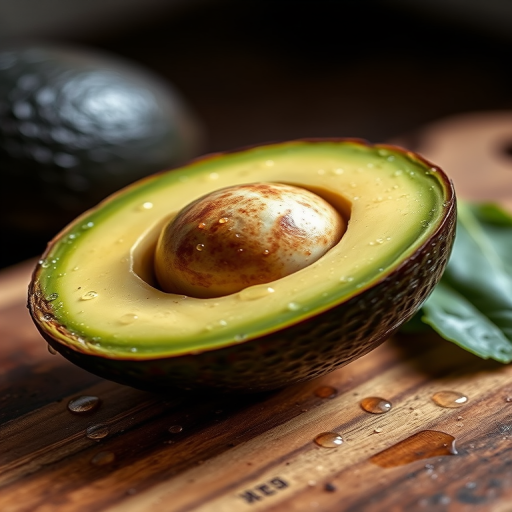 A close-up shot of a halved avocado on a rustic wooden cutting board, with droplets of water glistening, enhanced by soft natural lighting, aperture set to f/2.8, shutter speed 1/100 sec, ISO 200, captured using a DSLR camera.